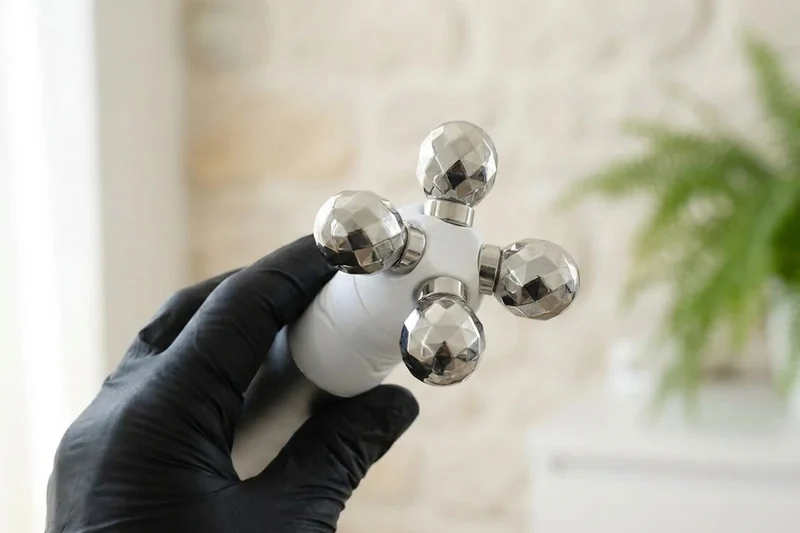 Der Massage-Roller: vier facettierte Metallkugeln über Kreuz an einem weissen Kopf, im Handstück gehalten