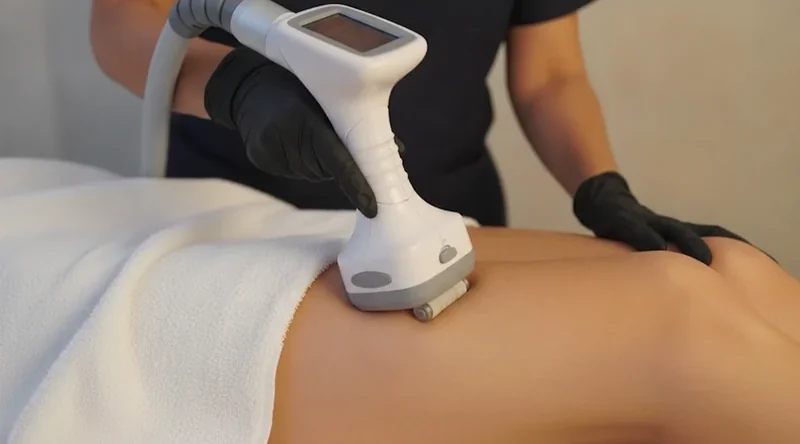 Nahaufnahme: behandschuhte Hände führen das Handstück mit den Rollen über die Haut