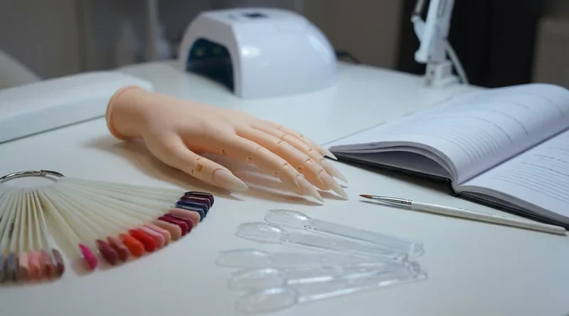 Übungshand mit Nageltips, Farbmuster und Skript auf dem Nageltisch