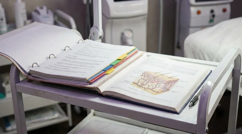 Ringordner mit Registerblättern und ein Fachbuch auf dem Behandlungswagen