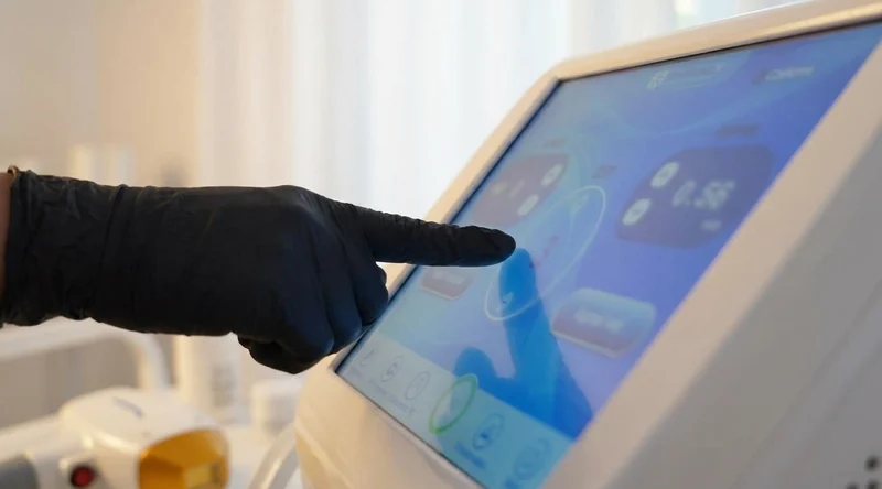 Nahaufnahme: eine behandschuhte Hand stellt auf dem Bildschirm der Laserkonsole einen Wert ein