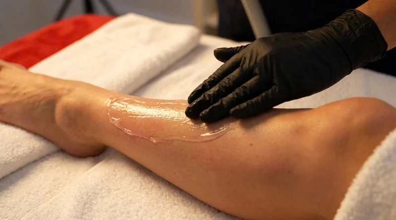 Kühlendes Gel wird nach der Behandlung über den Unterschenkel verteilt