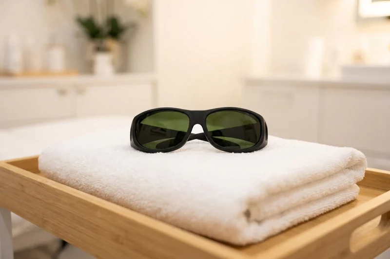Eine dunkle Laserschutzbrille liegt auf einem gefalteten weissen Frottiertuch
