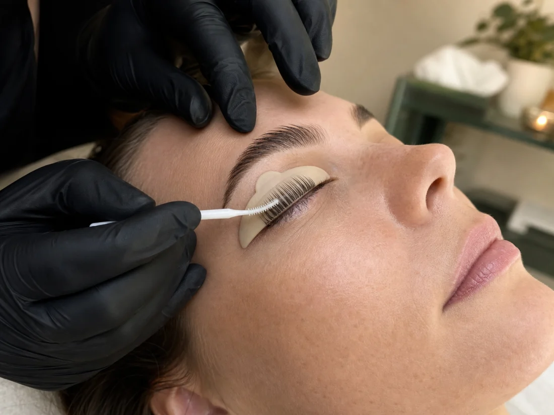 Naturwimpern werden bei einem Lash Lifting auf einem Silikonpad ausgerichtet