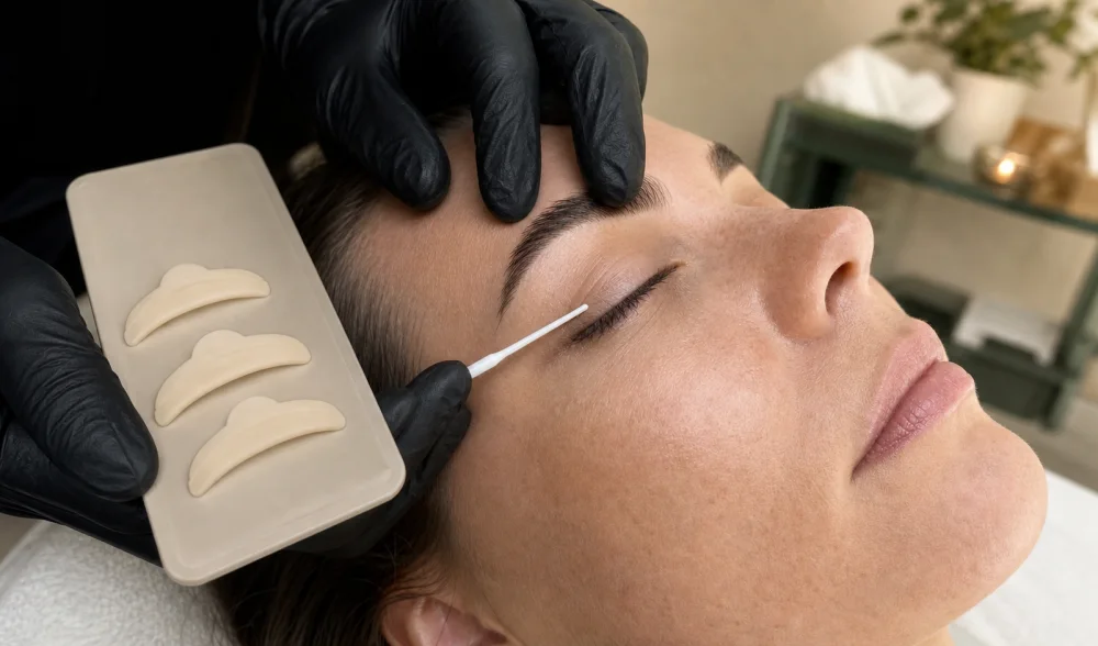 Verschiedene Silikonpads werden passend zu den Naturwimpern ausgewählt