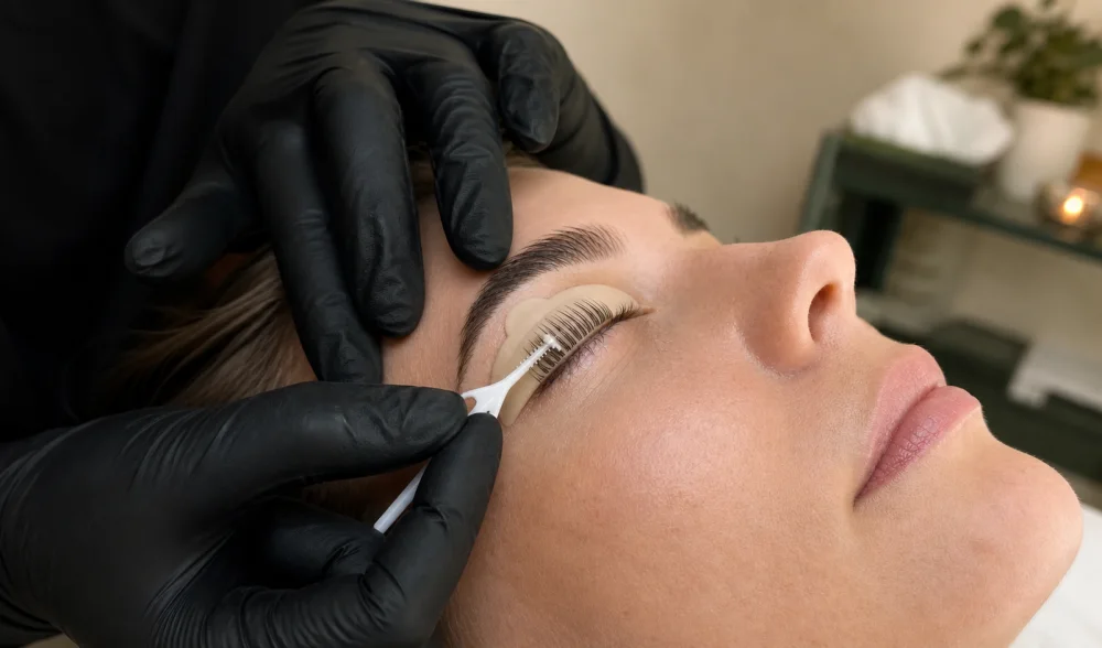 Naturwimpern werden gleichmässig auf einem Silikonpad ausgerichtet