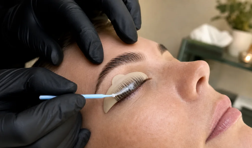 Lifting-Lotion wird kontrolliert auf die ausgerichteten Naturwimpern aufgetragen