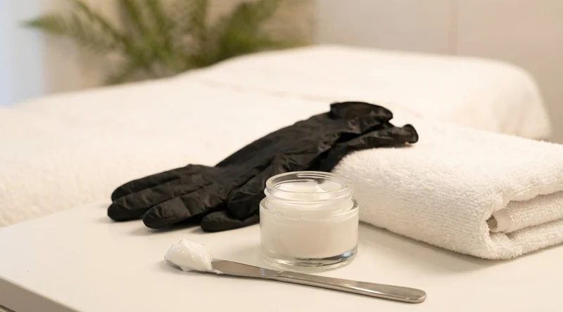 Numbing cream with a spatula, disposable gloves and towels prepared for microneedling