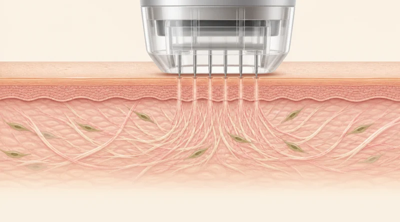 Schematischer Hautquerschnitt: kurze Microneedling-Nadeln setzen feine Kanäle in die oberen Hautschichten