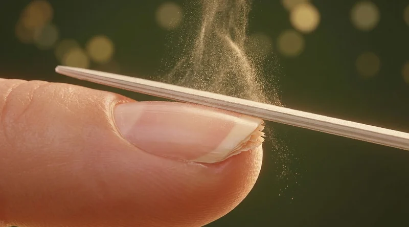 Schematische Nahaufnahme eines kurzen Naturnagels beim Feilen