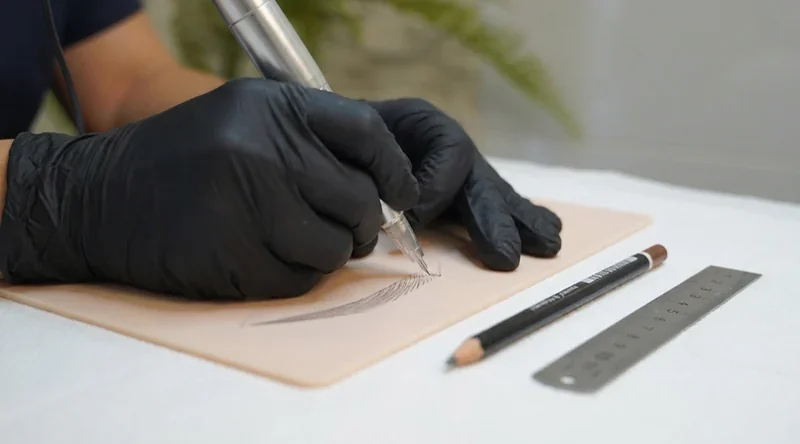 Übungshaut mit vorgezeichneter Brauenform, das Pigmentiergerät setzt einzelne Haarstriche