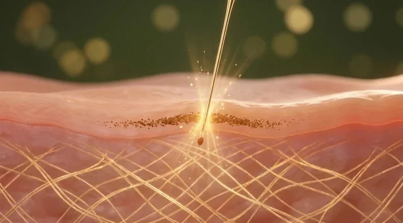 Schematischer Querschnitt mit Pigment in der oberen Hautschicht beim Permanent Make-up