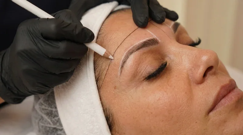 Nahaufnahme: Die geplante Brauenkontur wird mit einem hellen Stift vorgezeichnet