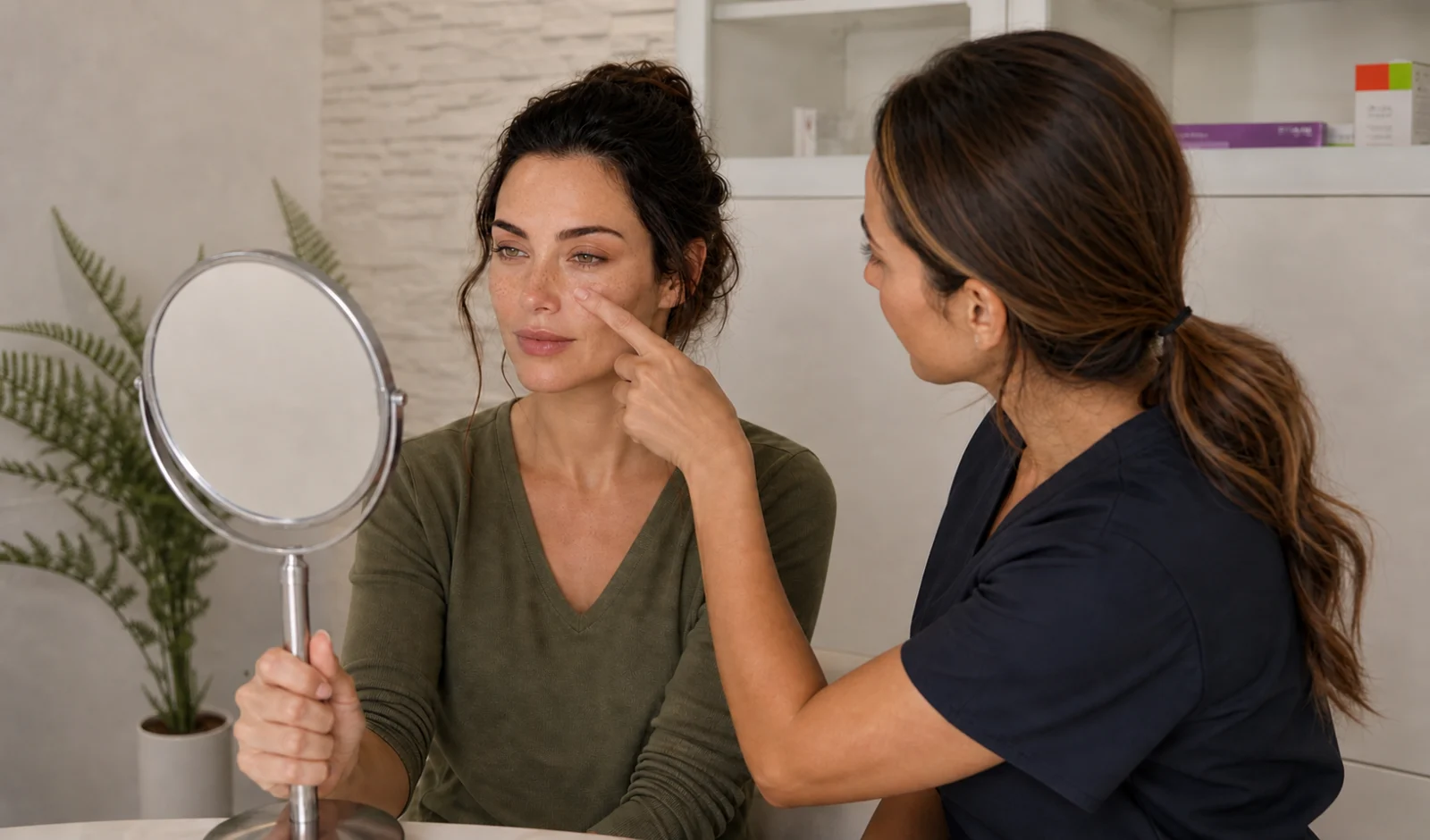 Kundin und Kosmetikerin besprechen im Beauty-Rocío-Studio die gewünschte Sommersprossen-Verteilung mit einem Handspiegel