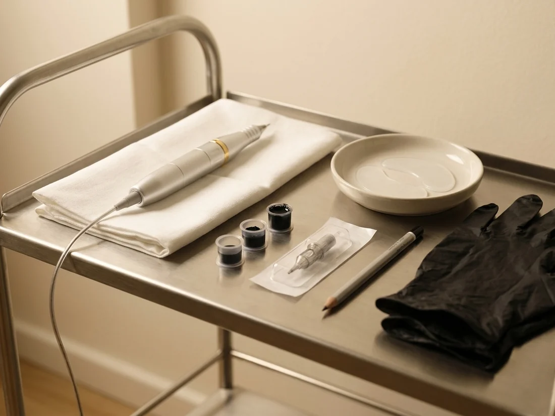 Vorbereiteter Behandlungswagen für Permanent Make-up am Lidstrich: Pigmentierstift, Pigment, versiegeltes Nadelmodul und Augenpads