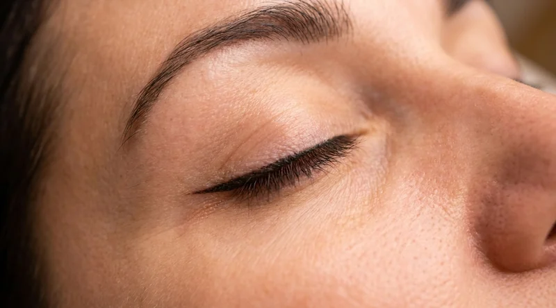 Nahaufnahme des abgeheilten Lidstrichs: eine feine dunkle Linie direkt am Wimpernkranz