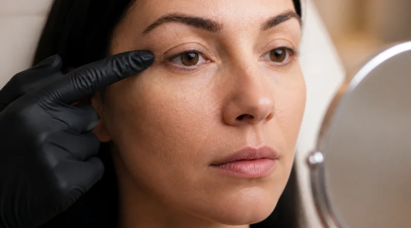 Nahaufnahme: Die Kundin betrachtet ihre Augen im Handspiegel, während die gewünschte Linie am Wimpernkranz besprochen wird