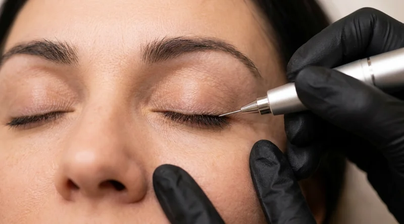 Nahaufnahme: der Pigmentierstift arbeitet flach am Wimpernkranz des geschlossenen Oberlids