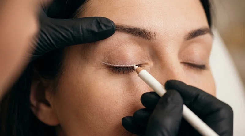 Nahaufnahme: die Linie wird mit einem weissen Stift direkt am oberen Wimpernkranz vorgezeichnet
