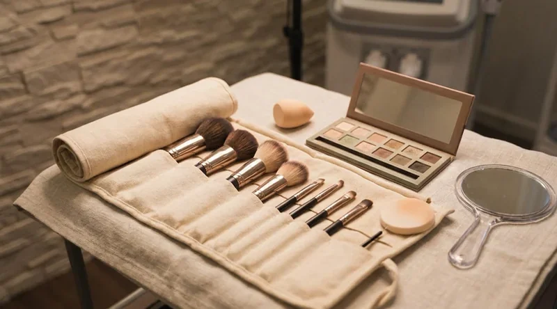 Pinsel-Etui, Lidschattenpalette und Handspiegel liegen bereit